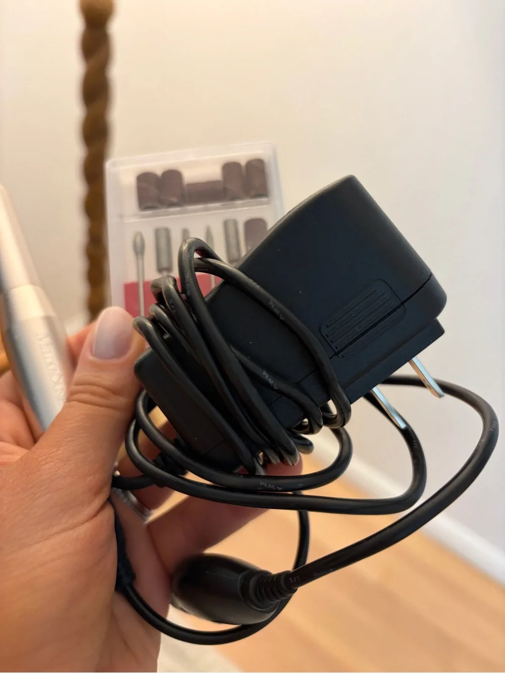 Silver Electric Nail Drill Pen with Black Power Adapter